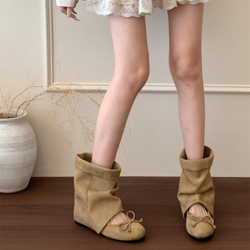 Vintage Fashion Dresses - Bottines mi-mollet à nœud pour femmes,